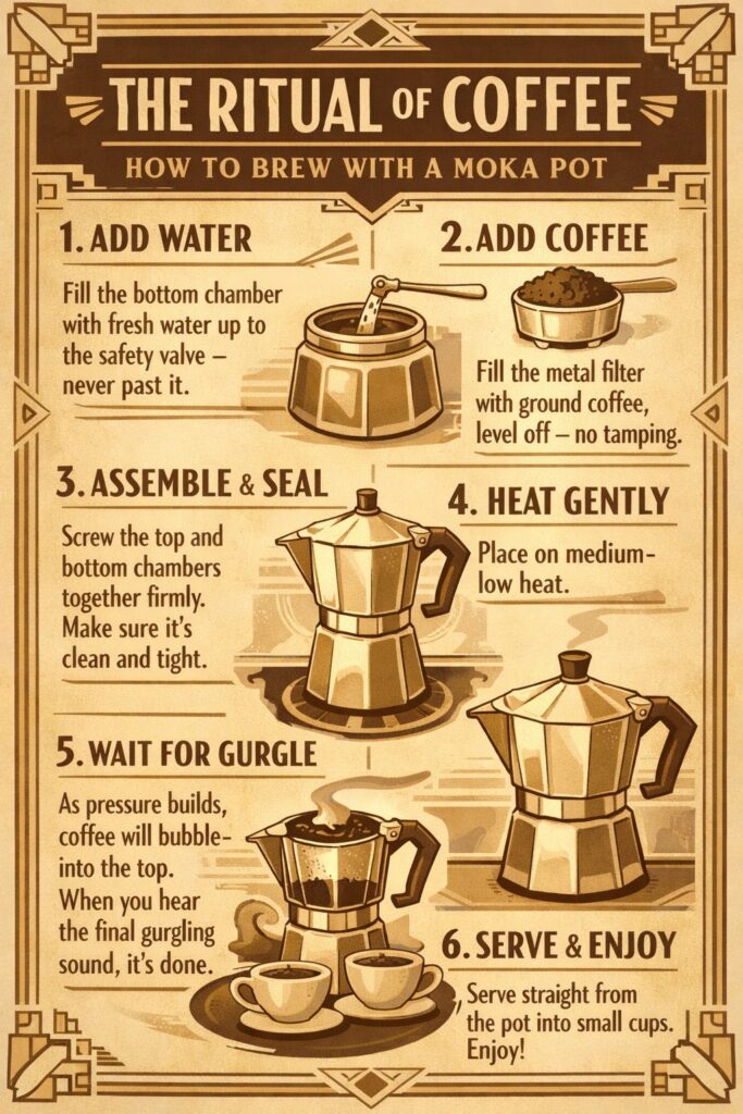 The Ritual of Coffee provides a six-step guide on how to brew coffee using a Moka pot.